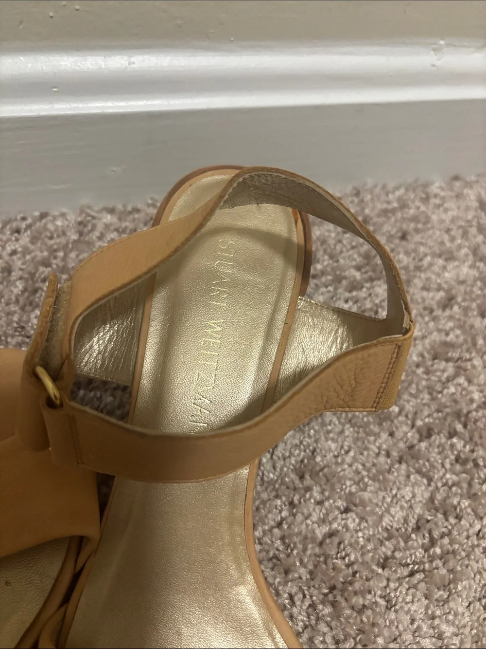 Stuart Weitzman Tan Leather Block Heel Sandals - Classic Strappy Comfort Buckle